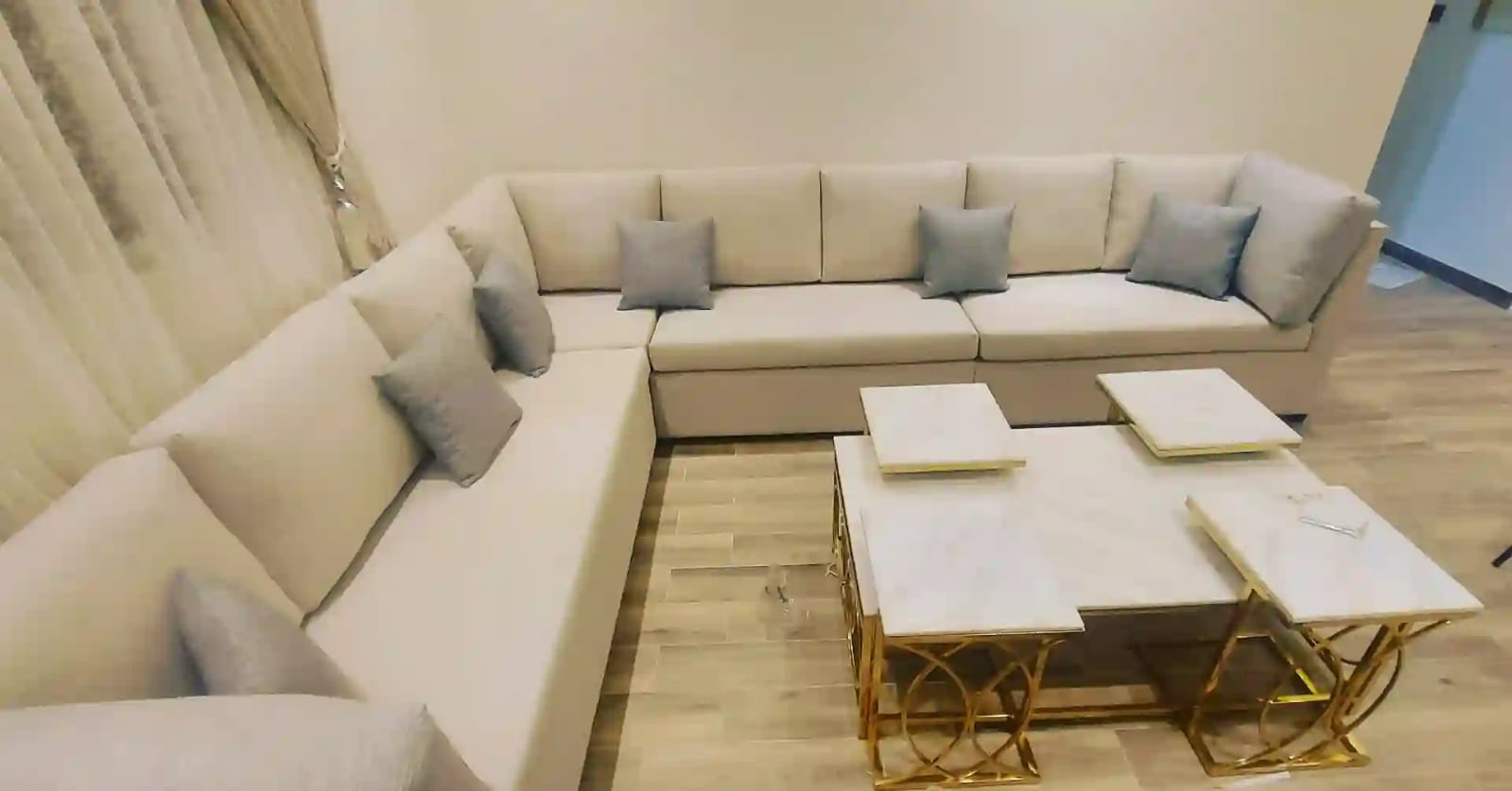 Custom sofa set with matching table project in Riyadh, Saudi Arabia — bespoke furniture by Sofa Curtain